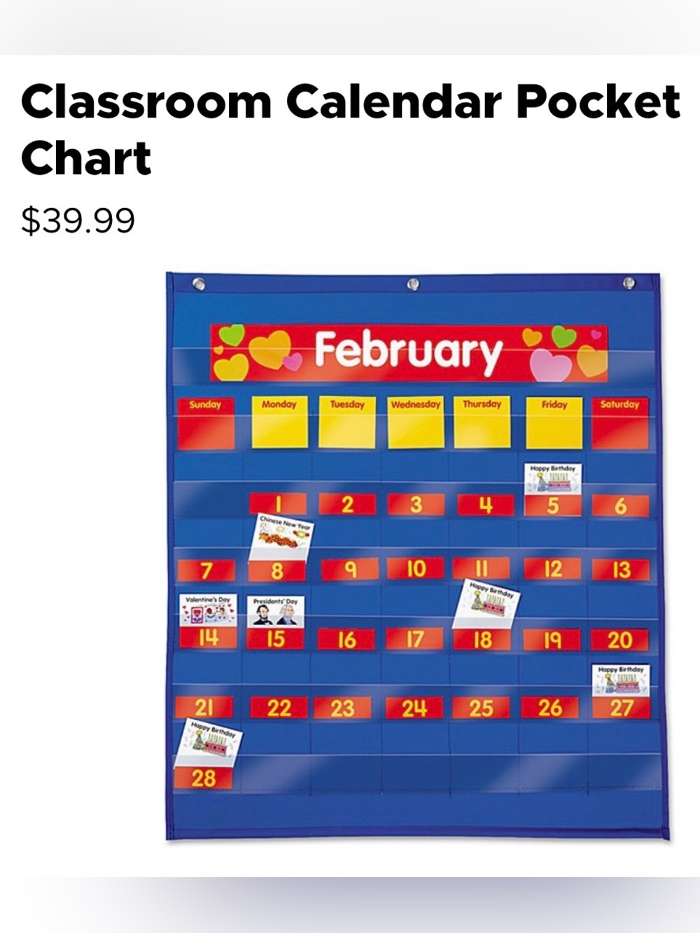 LAKESHORE LEARNING Classroom Calendar Pocket Chart